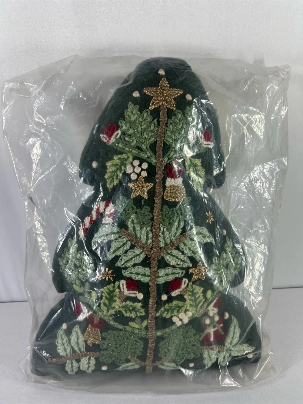Pottery Barn Nostalgic Embroidered Christmas Tree Shaped Decorative Pillow NIB